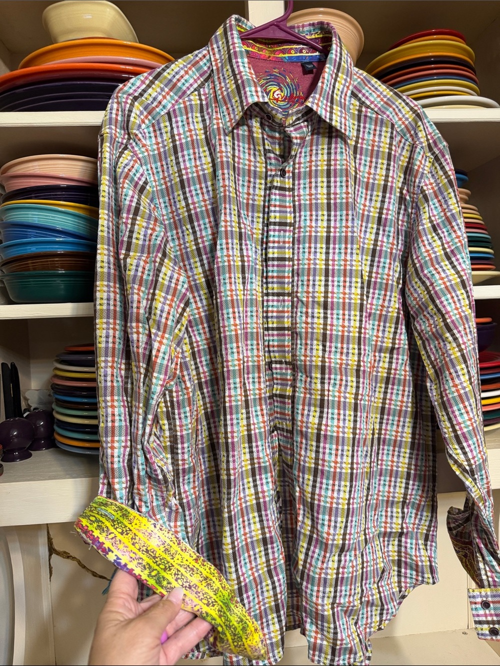 Robert Graham Multicolor Plaid Button-Down Shirt with Bright Cuff Detail